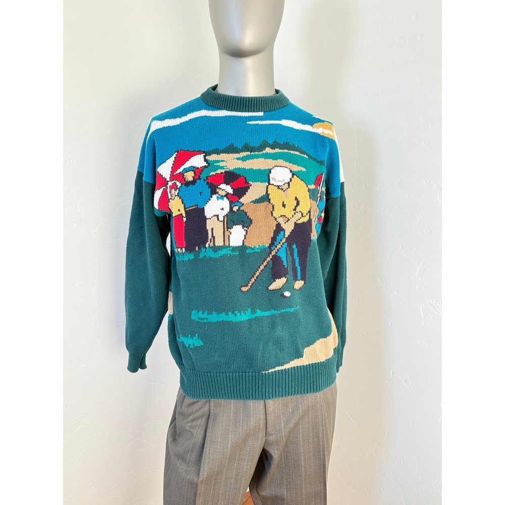 Vintage 90s Golden Bear Jack Nicklaus‎ Golf Scene AOP Intarsia Cotton Sweater L